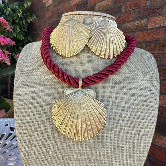 Seashell Gold Red Rope Chain Earrings Necklace Earrings Set - Picture 15 of 16